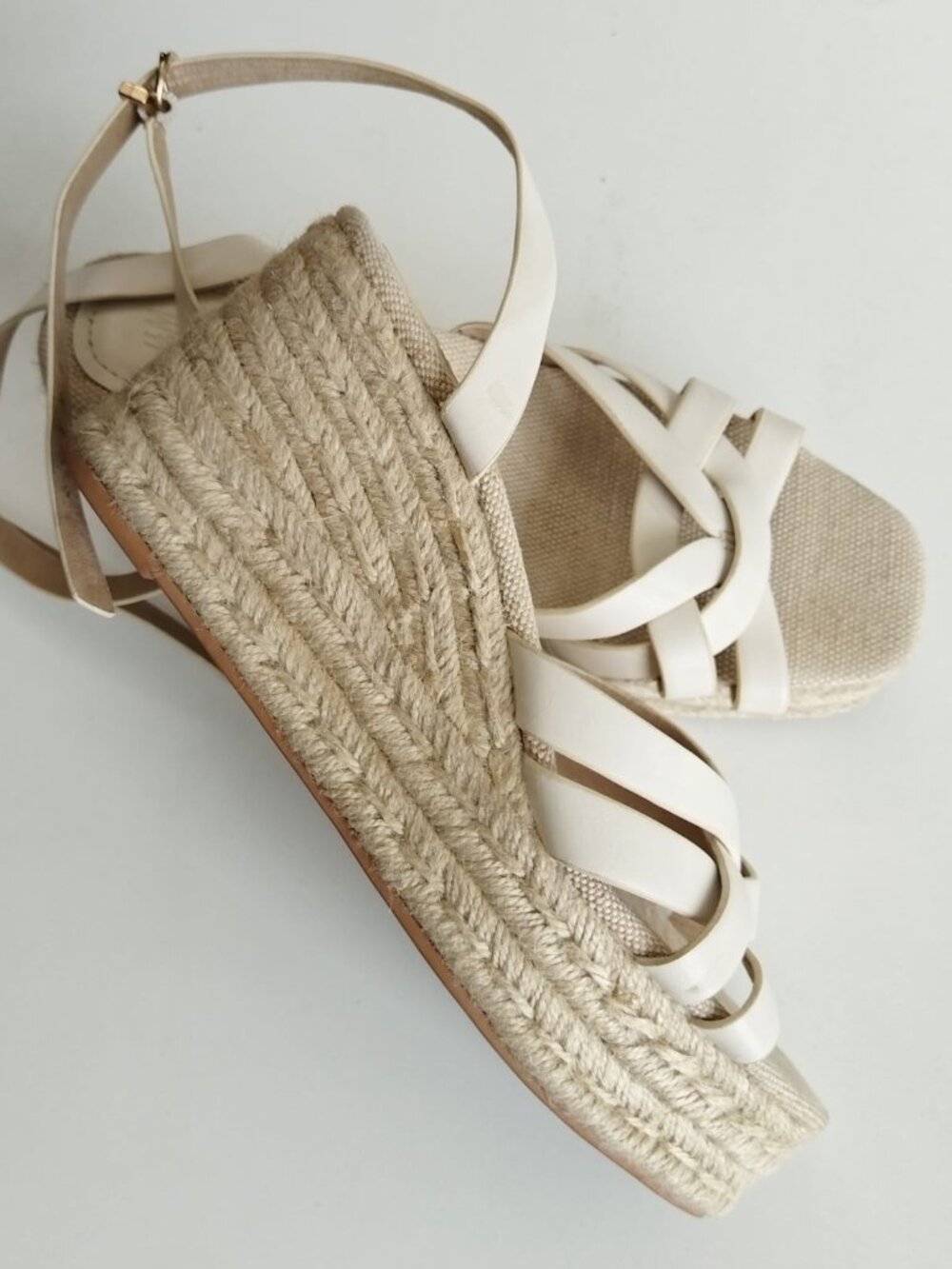 H&M Cream Faux Leather Strappy Platform Espadrille Wedges Ankle Strap Size 38